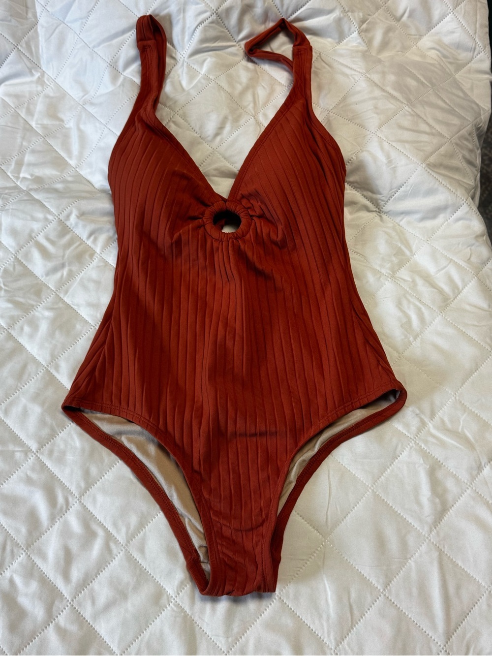 Kona Sol Ribbed One Piece Swimsuit Rust Cutout Open Back Size Small - Picture 5 of 12